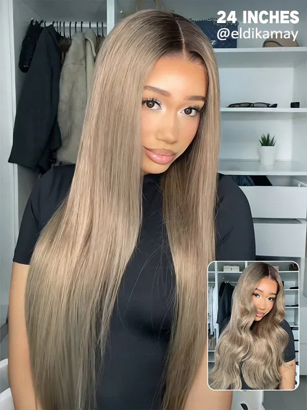 Wavymy Ombre Ash Blonde Hair with Brown Root Straight Hair 7x5 Lace Wear Go Glueless Wig 180% Density