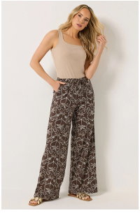 LTS Tall Chocolate Brown Palm Print Wide Leg Linen Trousers