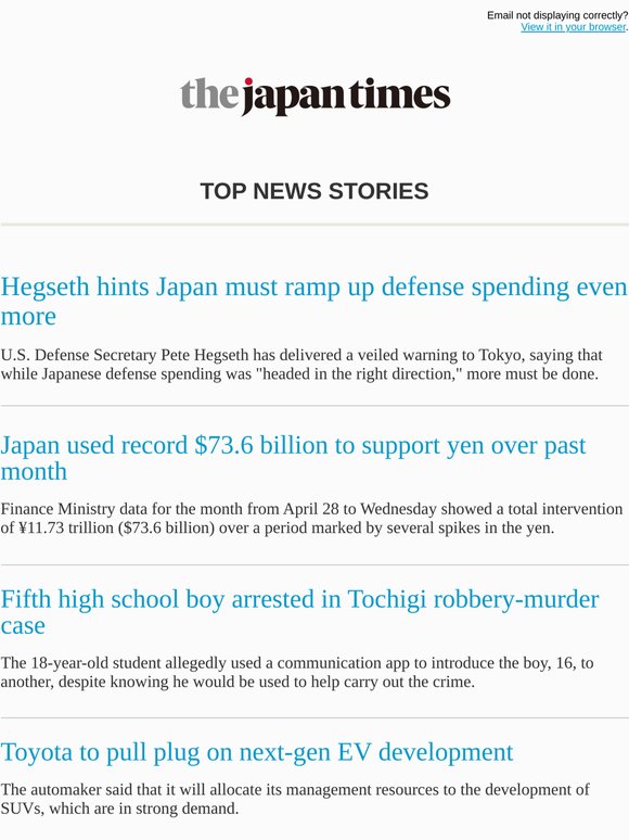 Today's top news: Hegseth hints Japan must ramp up defense spending even more