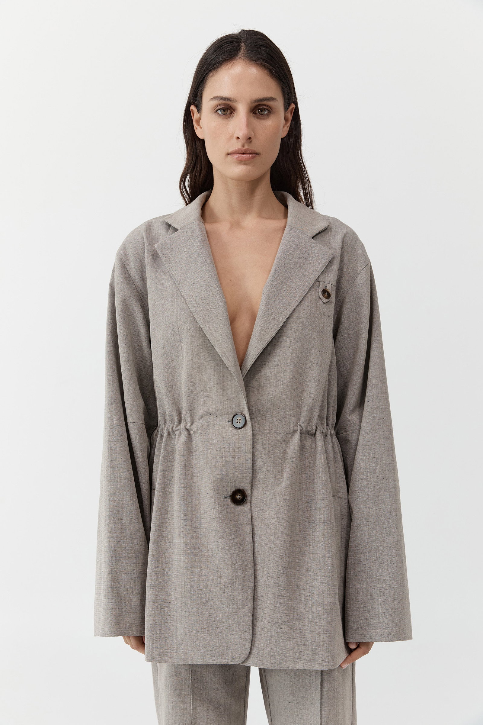 Image of Drawstring Waist Blazer - Pebble Melange