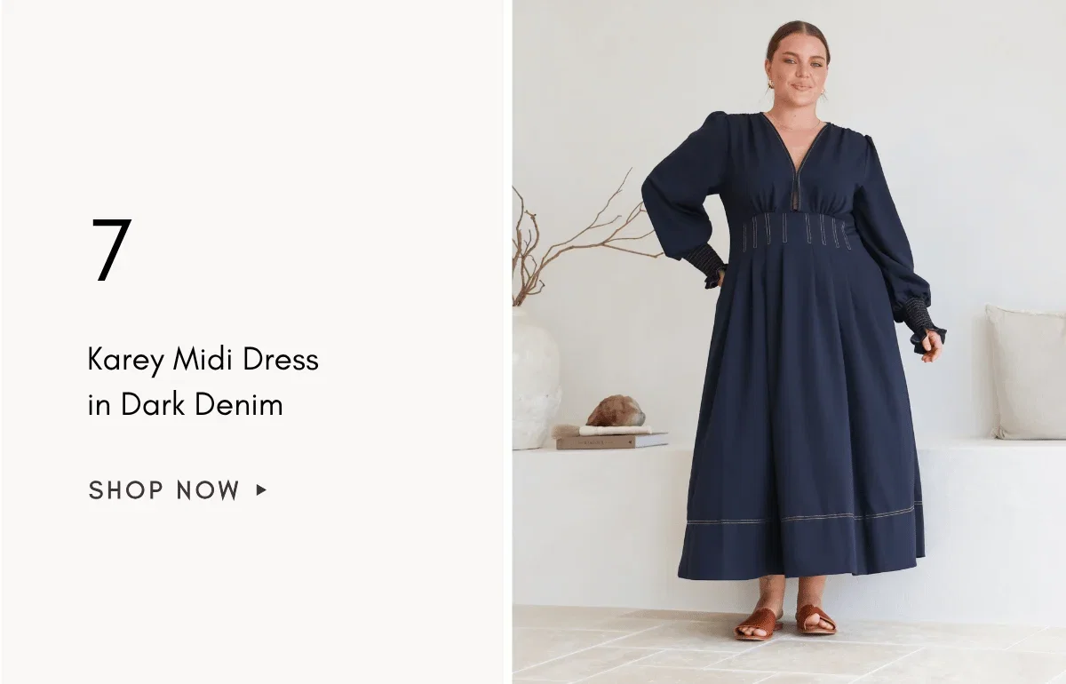 A medium shot shows a woman standing and smiling, wearing a dark navy midi dress with puffed sleeves and tan sandals, with the text '7 Karey Midi Dres...