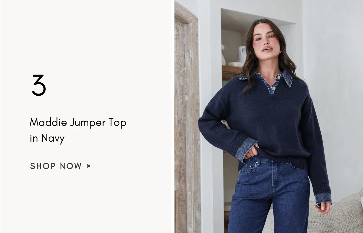 A medium shot shows a woman wearing a navy blue jumper top with a denim collar and cuffs, paired with dark wash jeans, with text on the left reading '...
