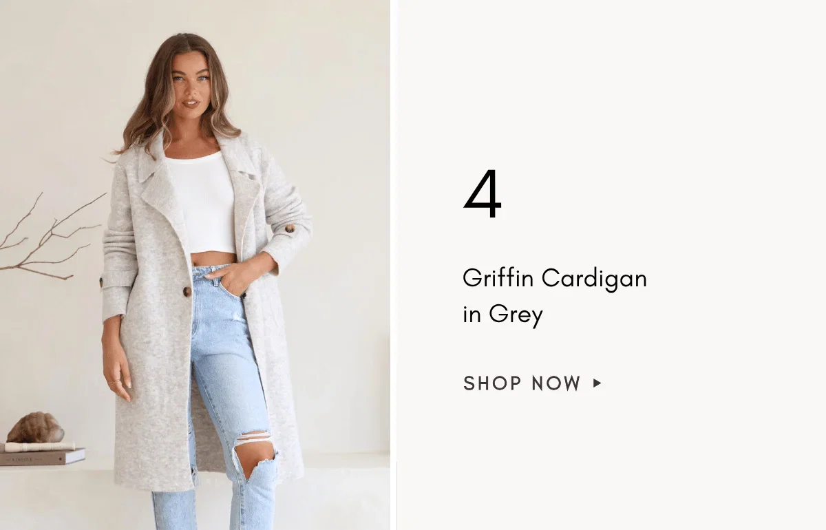 A medium shot shows a woman wearing a light grey, textured, long cardigan over a white crop top and light blue ripped jeans, with text on the right re...