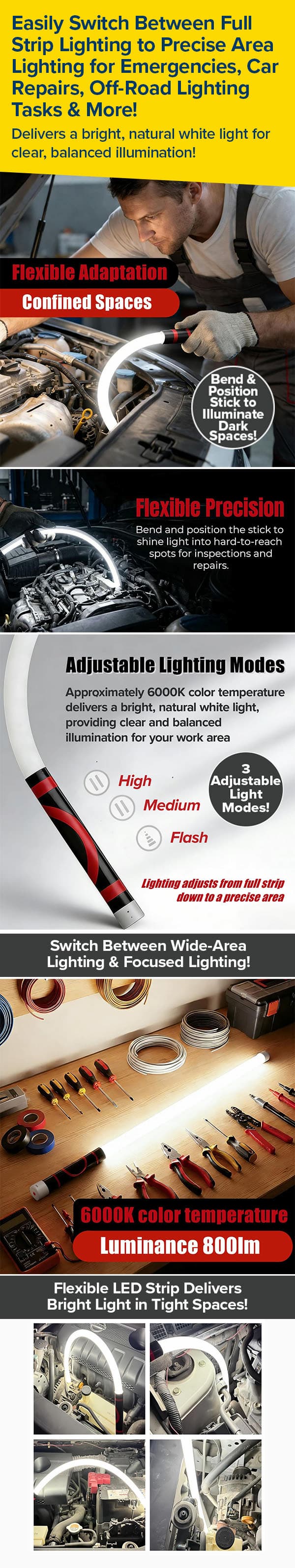 Easily Switch Between Full Strip Lighting to Precise Area Lighting for Emergencies, Car Repairs, Off-Road Lighting Tasks & More!