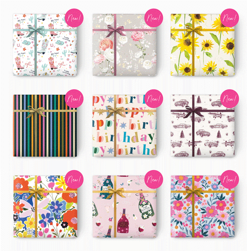 Grid display of newly launched wrapping paper designs including florals, birthday prints, countryside illustrations and colourful patterns, all tied with ribbon and marked “New!”.