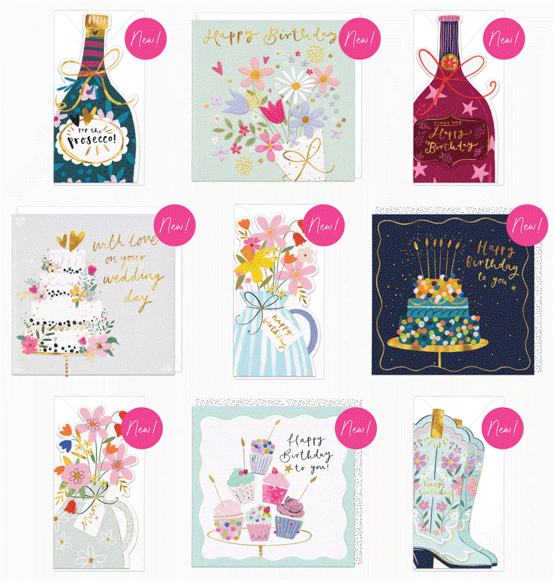 Grid layout showcasing a collection of newly launched luxury greeting cards including birthday, wedding and celebratory designs, each marked with bright pink “New!” labels.
