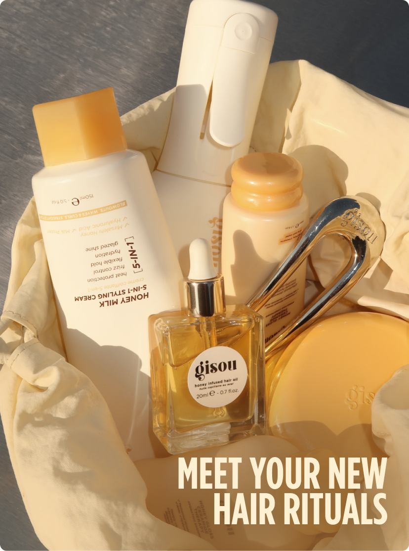 GIF of the NEW Honey Gloss Collagen Drops Hair Oil, showing packaging and Negin