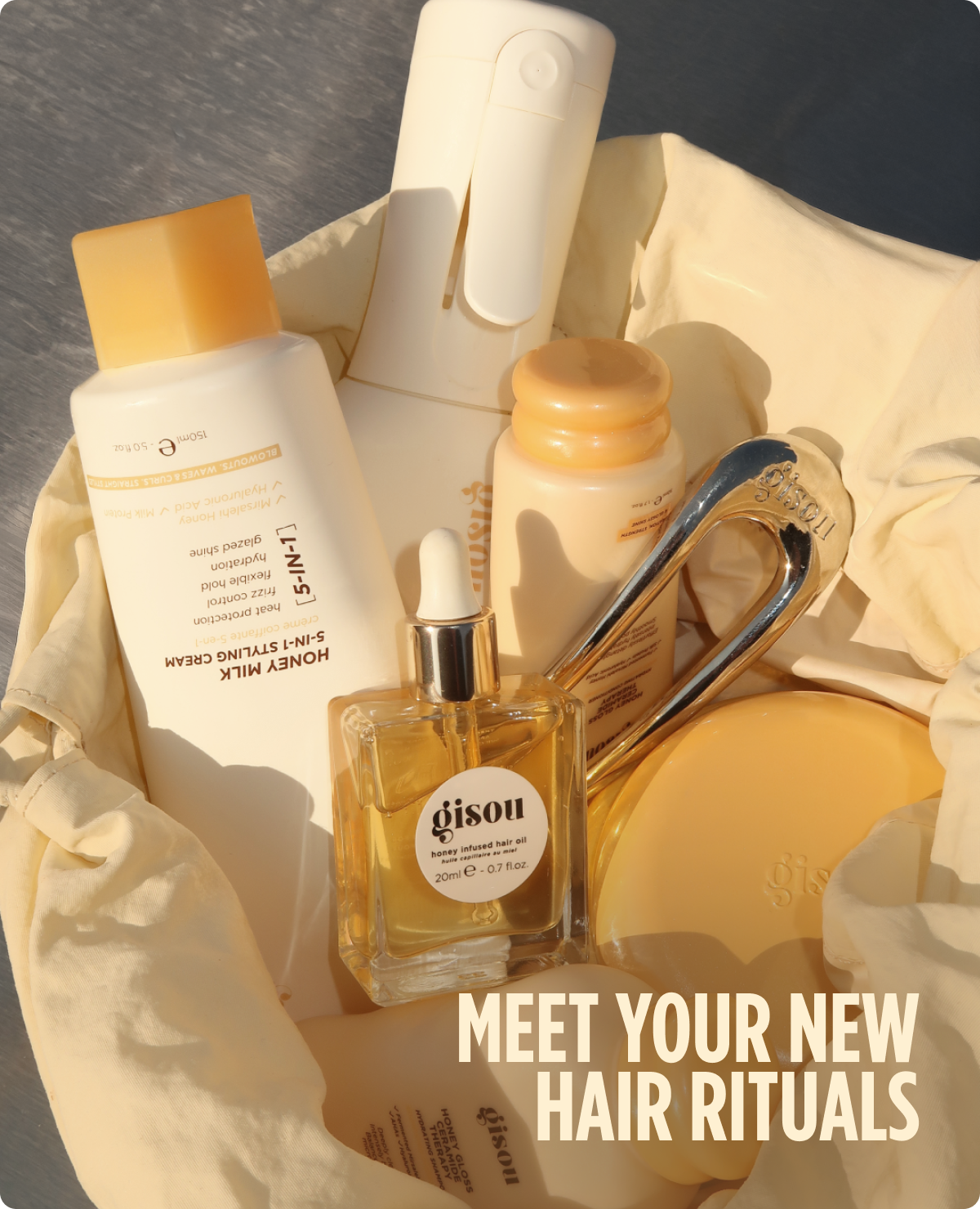 GIF of the NEW Honey Gloss Collagen Drops Hair Oil, showing packaging and Negin