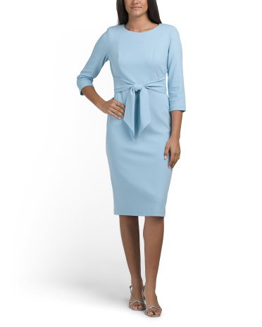 Three-Quarter Sleeve Tie Waist Sheath Dress For Women, Polyester
