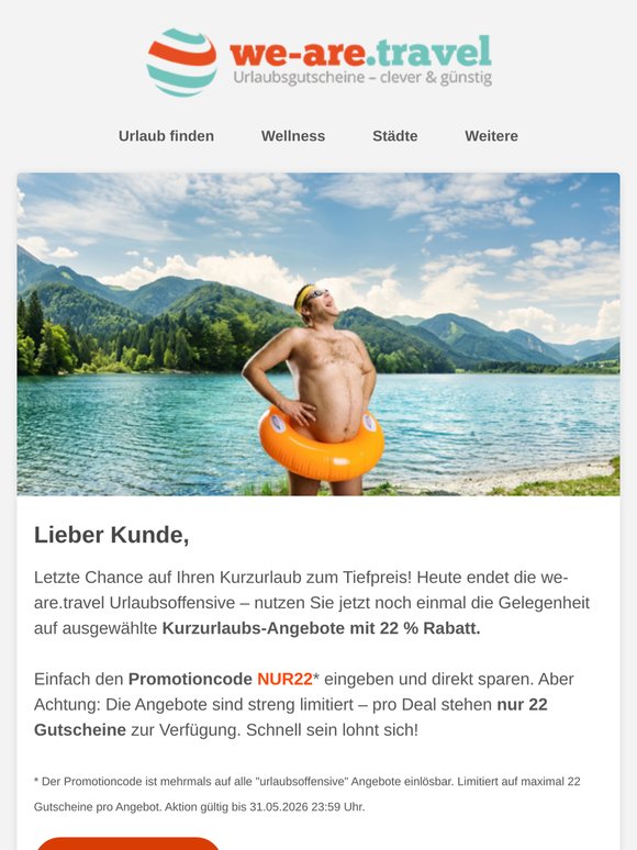 Letzte Chance: 22 % auf Ihren Kurzurlaub
