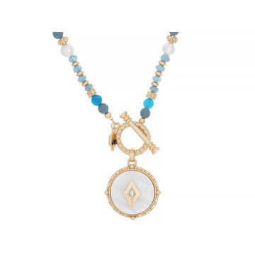 Mother-of-Pearl, Turquoise Simulant, Pearl Simulant & Crystal Matte Gold Tone Beaded 36\ Necklace"
