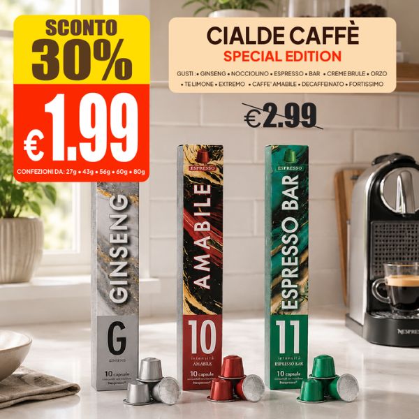 a selection of coffees and cups on a kitchen counter