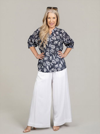 Sheer Elbow Sleeve Button Front Blouse