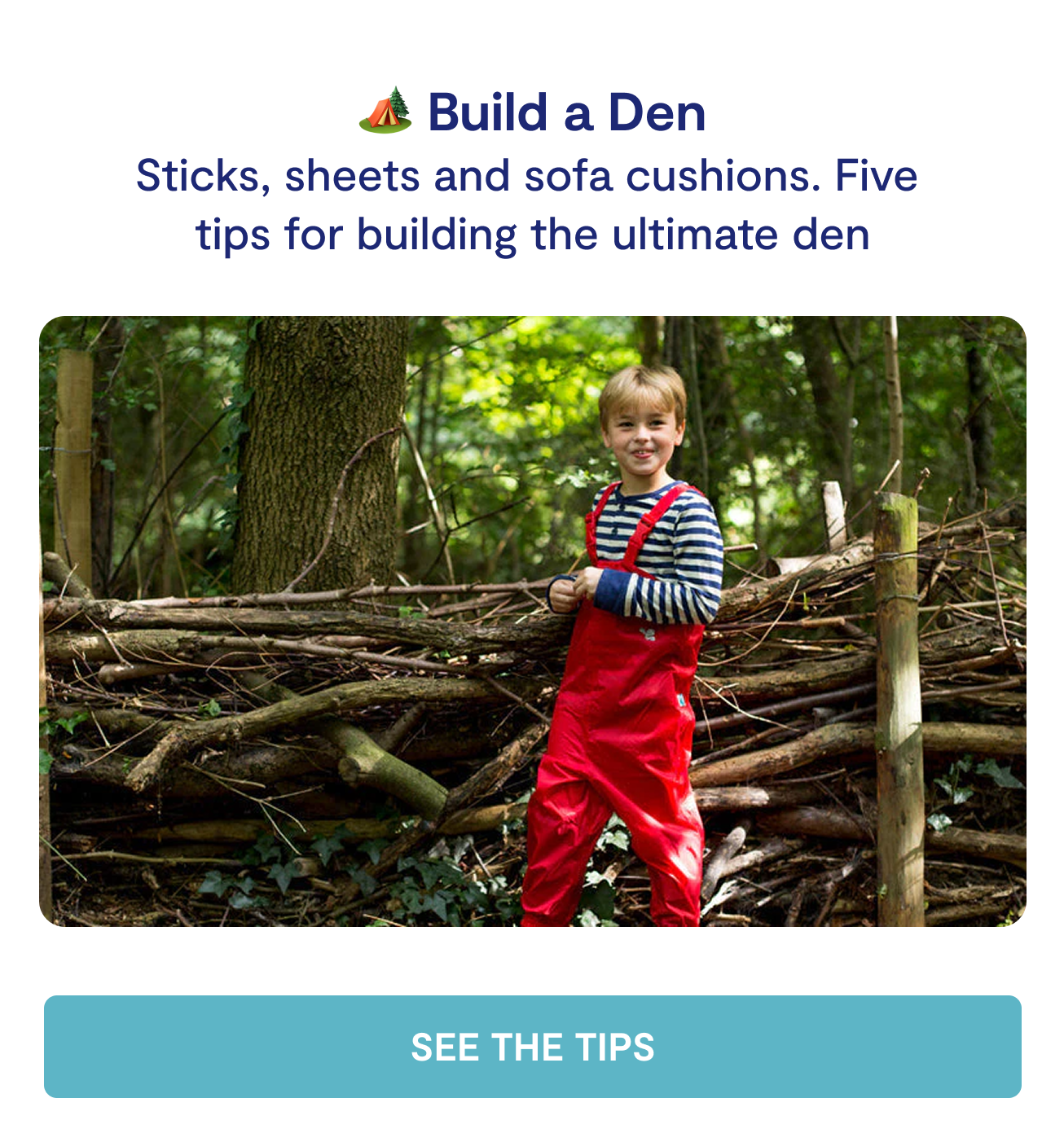 Sticks, sheets and sofa cushions. Five tips for building the ultimate den.