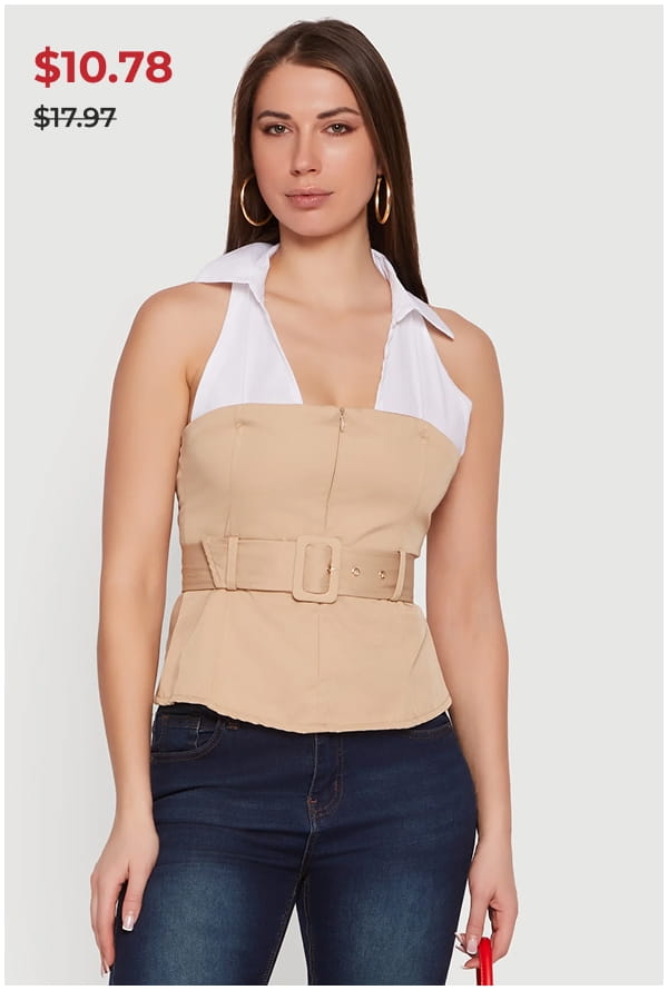 Shop Belted Collared Sleeveless Top
