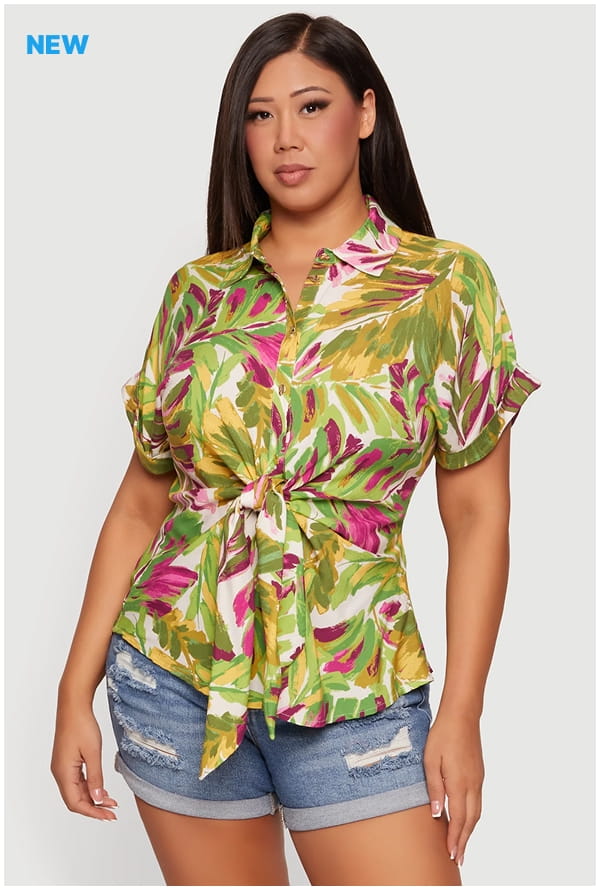 Shop Plus Size Printed Short Sleeve Tie Front Shirt