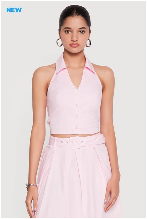 Shop Button Front Cropped Halter Top