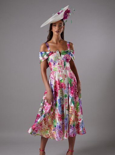Lisa Tan Printed Organza Bardot Midi Dress