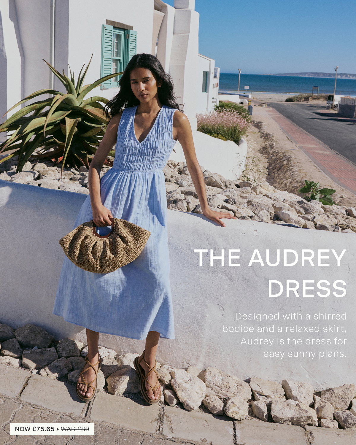 Blue Ruched Sleeveless Audrey Midi Dress