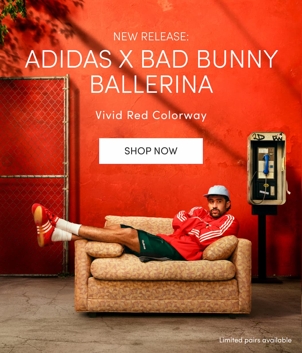 New Release: adidas x Bad Bunny Ballerina. Vivid Red Colorway. Shop now