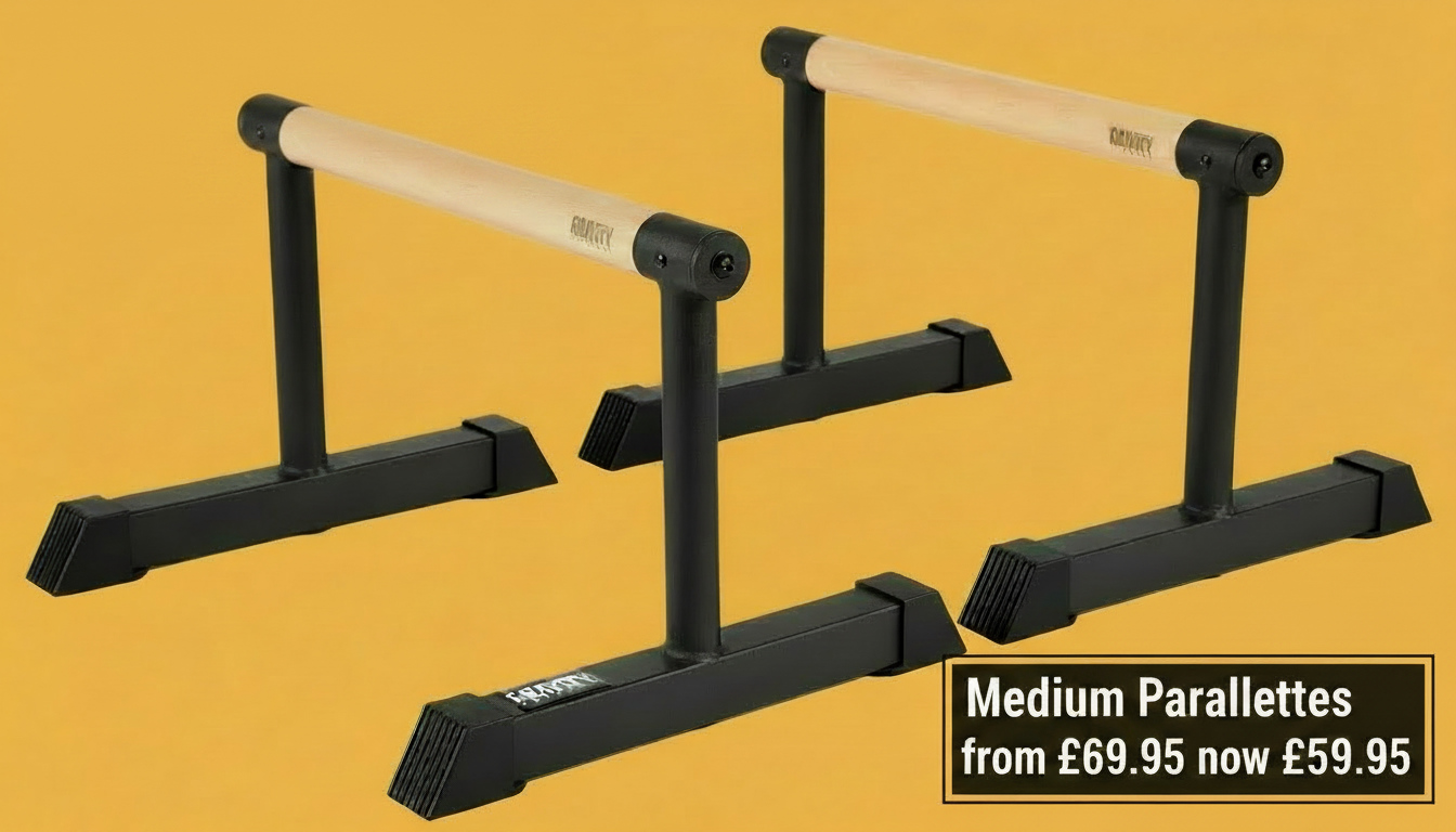 Two wooden parallettes with black bases on a yellow background, with price information.