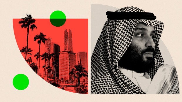 A treated image showing the Riyadh skyline and palm trees on the left, and Mohammed bin Salman in traditional Saudi dress on the right. There are red and green design elements overlaying the photographs.