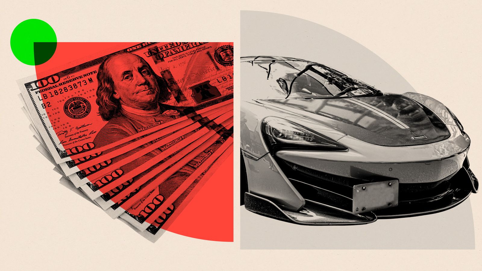 A composite image showing $100 bills fanned out on the left, and a sports car on the right. The photographs are overlaid with red and green design elements.