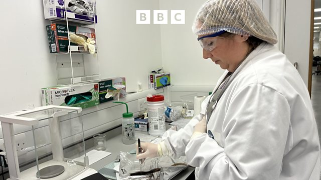 A photograph of a woman in profile wearing a hairnet, lab coat and lab goggles. She is standing in a laboratory.