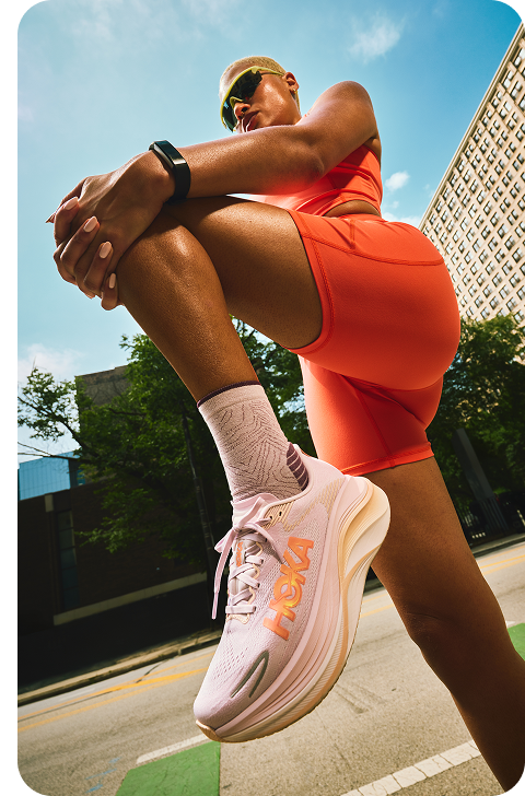 A block of three images: one image shows a side view of the Challenger 8 in electric lemon / electric lemon; one image shows a side view of the Hopara 2 in fragrant lilac / lilac cream; one image shows a woman holding one leg up with her hands, with her pink shoe in the foreground.