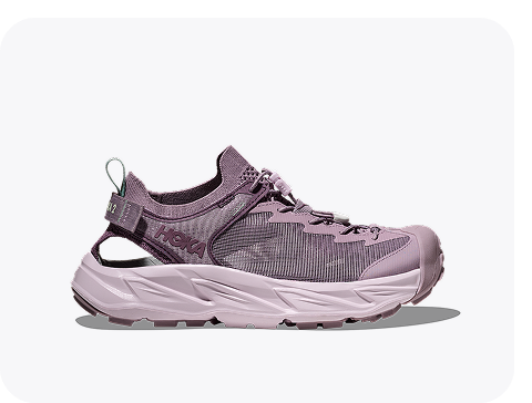 A block of three images: one image shows a side view of the Challenger 8 in electric lemon / electric lemon; one image shows a side view of the Hopara 2 in fragrant lilac / lilac cream; one image shows a woman holding one leg up with her hands, with her pink shoe in the foreground.
