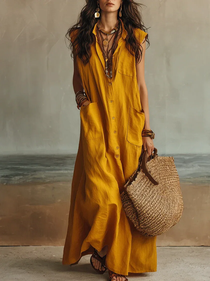 Image of Cotton And Linen Casual Plain Split Joint Buttoned Pockets Maxi Dress