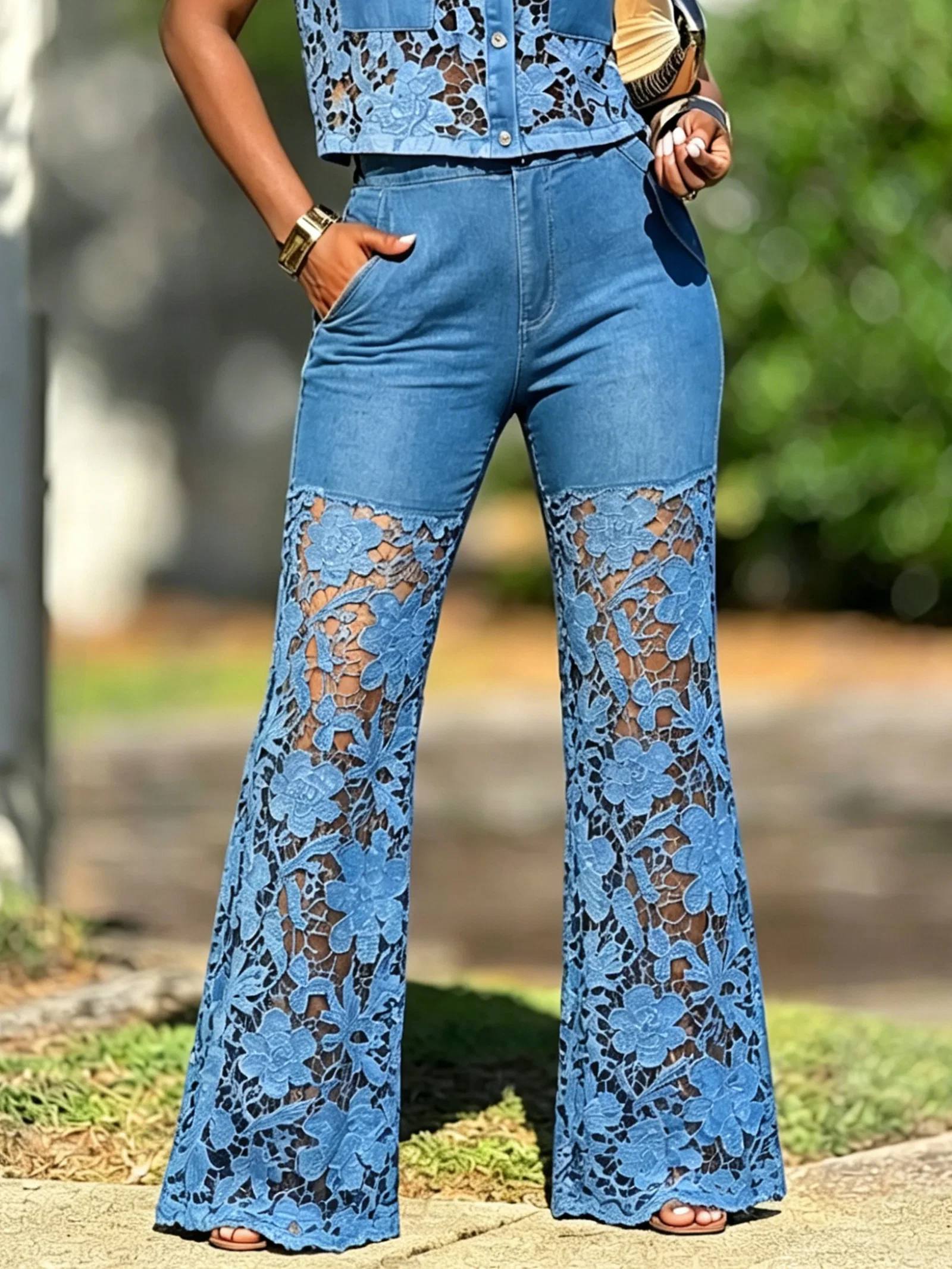 Image of Loose Denim Urban Lace Distressing Plain Jeans