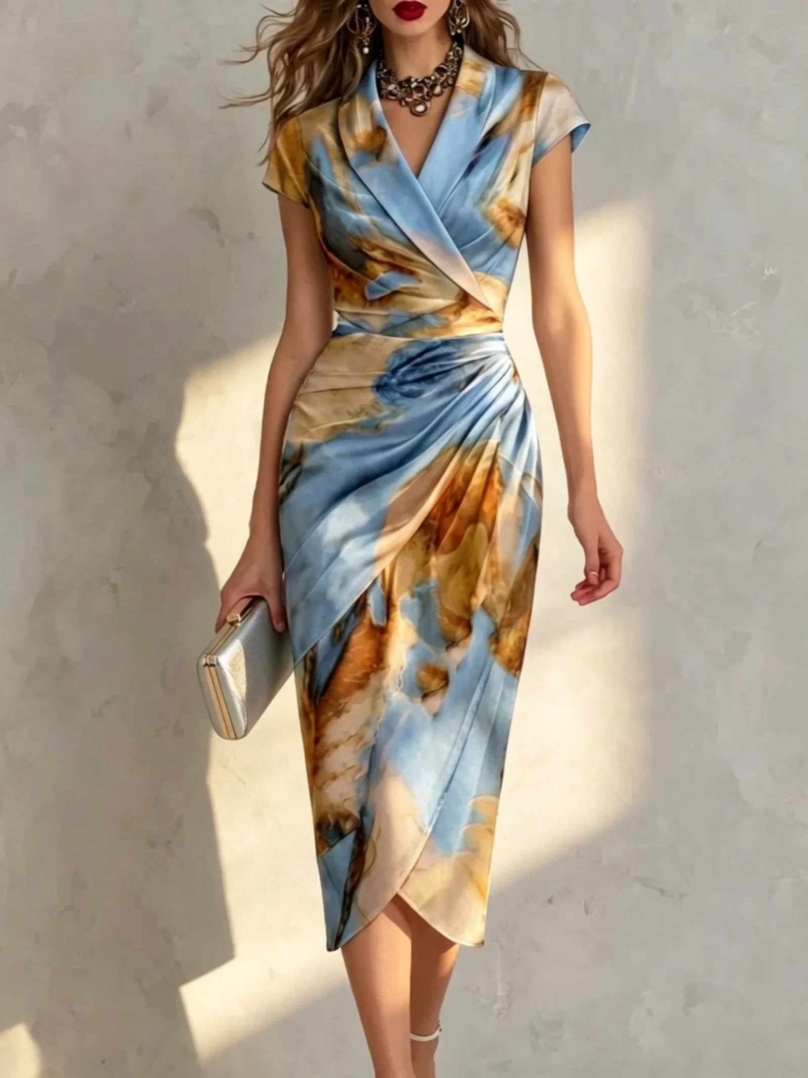 Image of Elegant Abstract Printing Shawl Collar Midi Dress