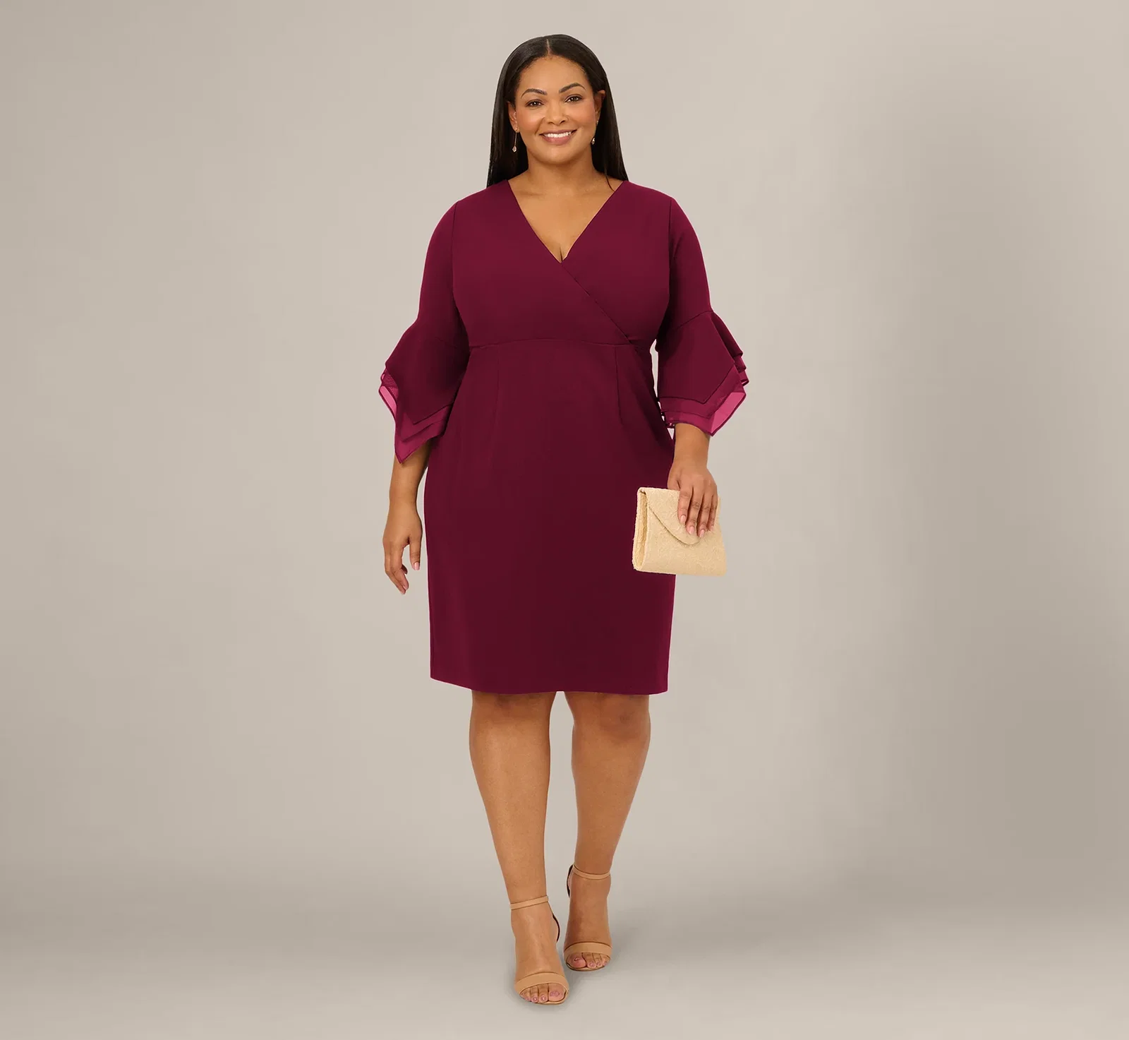 Image of Plus Size Three Quarter Bell Sleeve Sheath Midi Dress In Cabernet