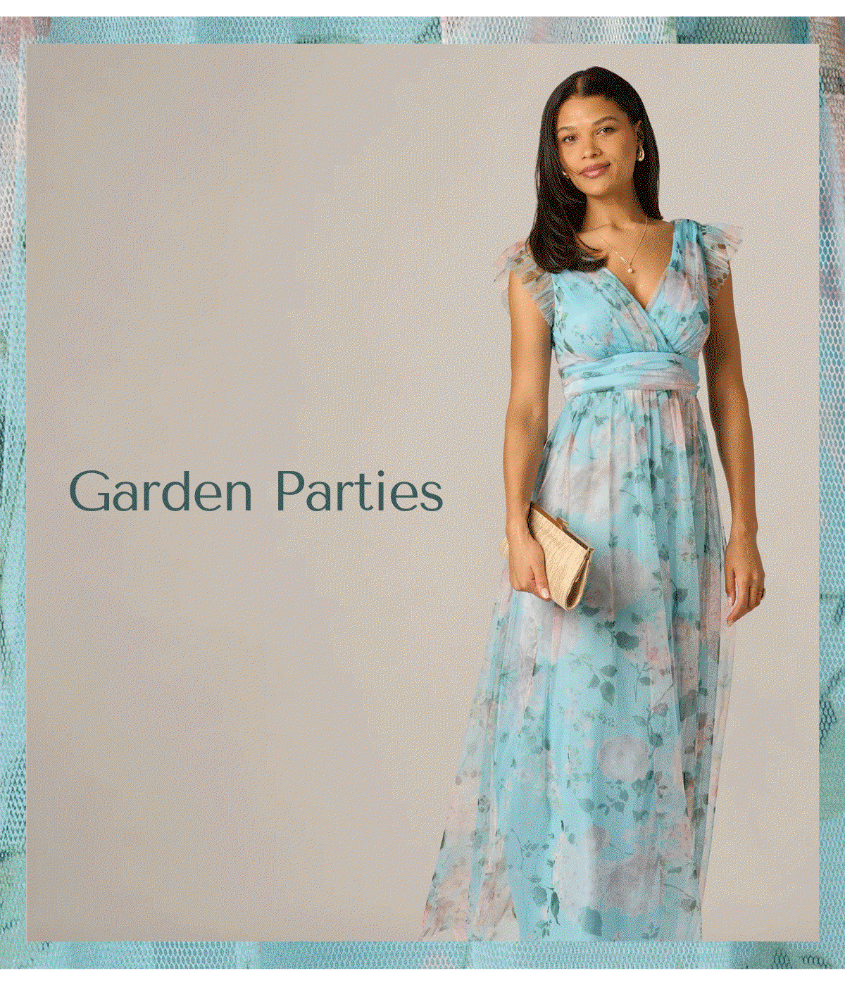 Flutter Sleeve Floral Tulle Maxi Dress In Blue Multi
