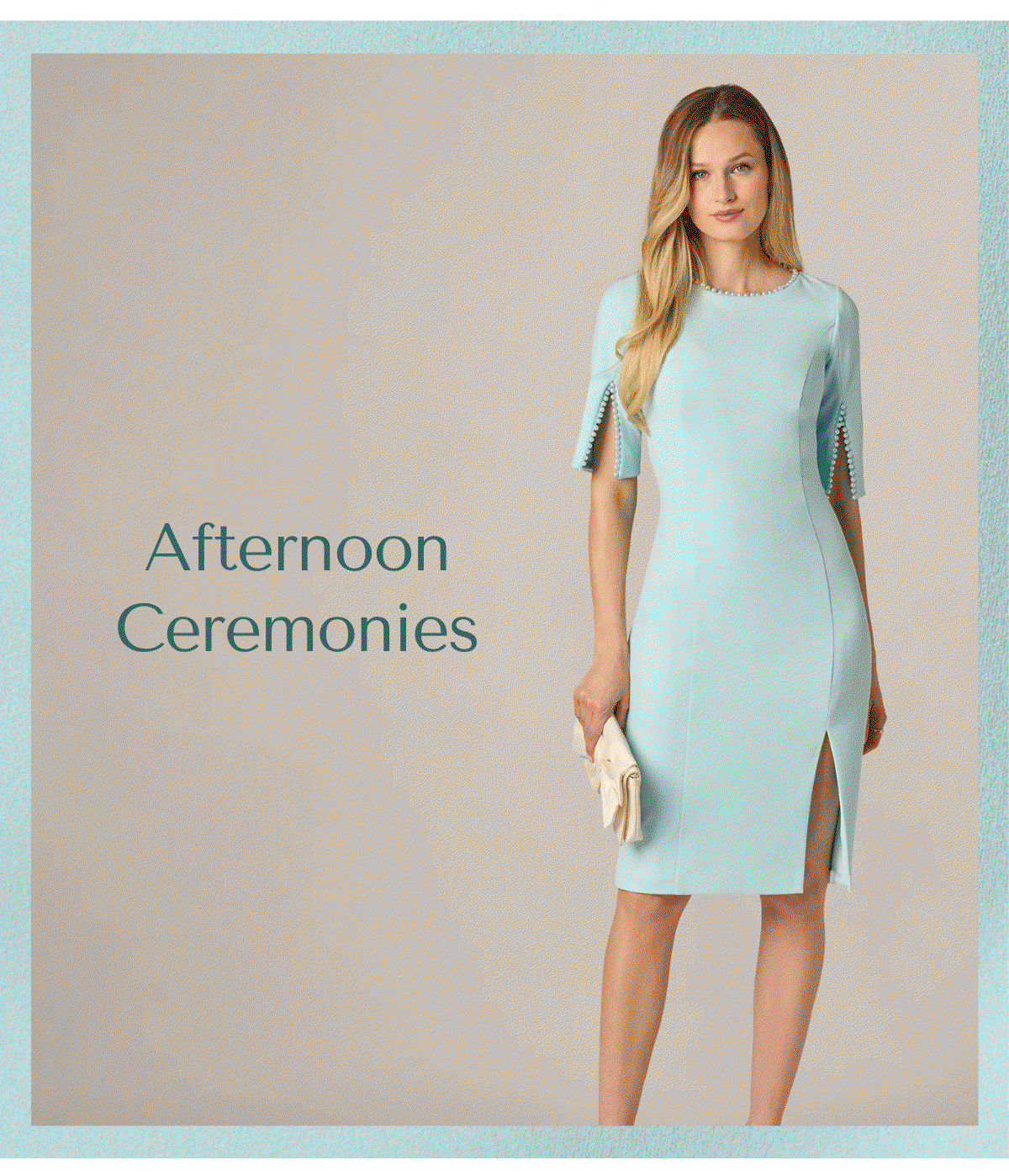 Short Split Sleeve Pearly Trim Sheath Dress In Clear Sky