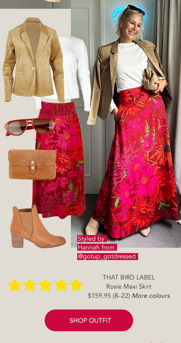 nougat cord blazer with garden maxi