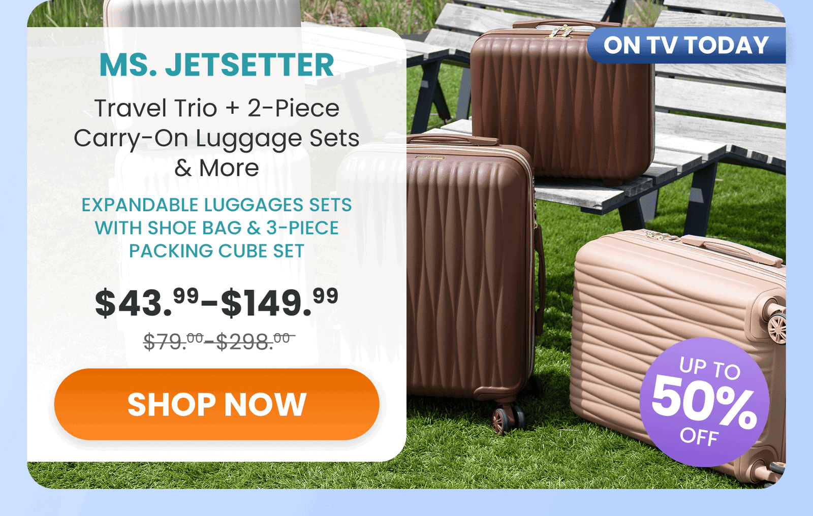 Ms. Jetsetter 	Travel Trio 2-Piece Carry-On Luggage Set & More/Expandable luggagesSet with shoe Bag & 3-Pc. packing cube set