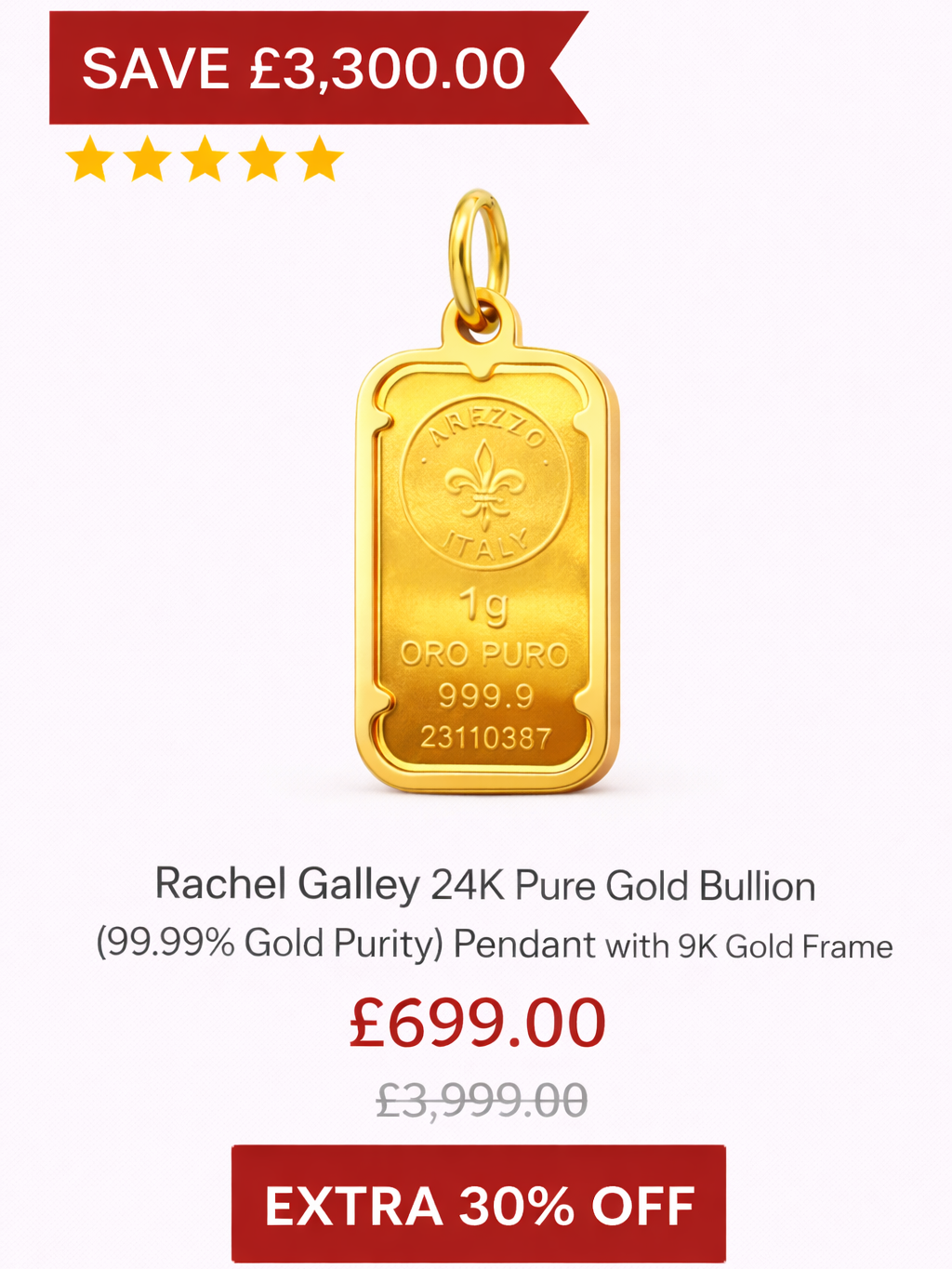 Rachel Galley 24K Pure Gold Bullion (99.99% Gold Purity) Pendant with 9K Gold Frame