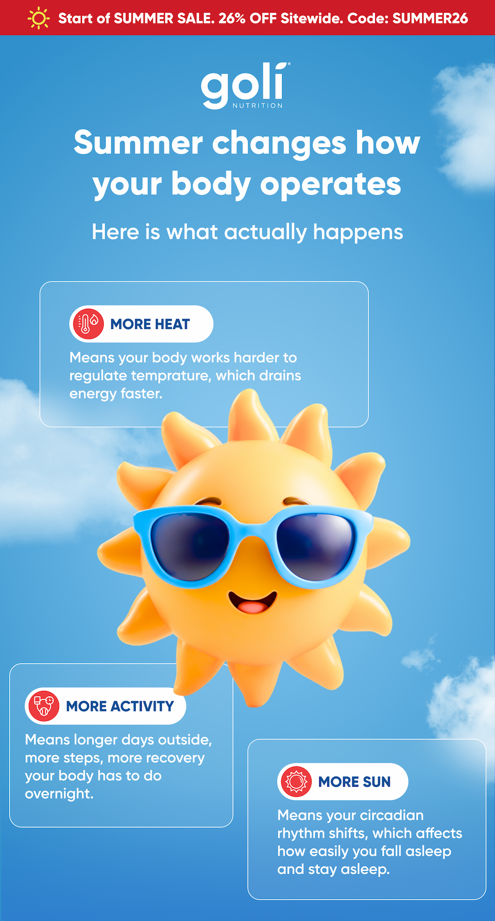 Summer changes how your body operates. Here is what actually happens. MORE HEAT  Means your body works harder to regulate temprature, which drains energy faster.  MORE ACTIVITY  Means longer days outside, more steps, more recovery your body has to do overnight.  MORE SUN  Means your circadian rhythm shifts, which affects how easily you fall asleep and stay asleep.