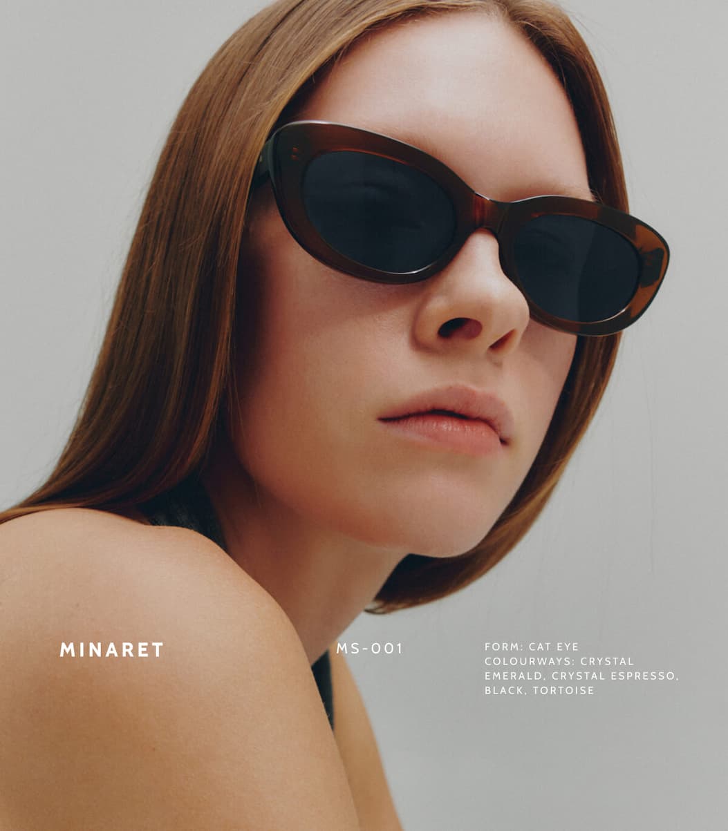Minaret. MS-001. Form: Cat Eye. Colourways: Crystal Emerald, Crystal Espresso, Black, Tortoise.