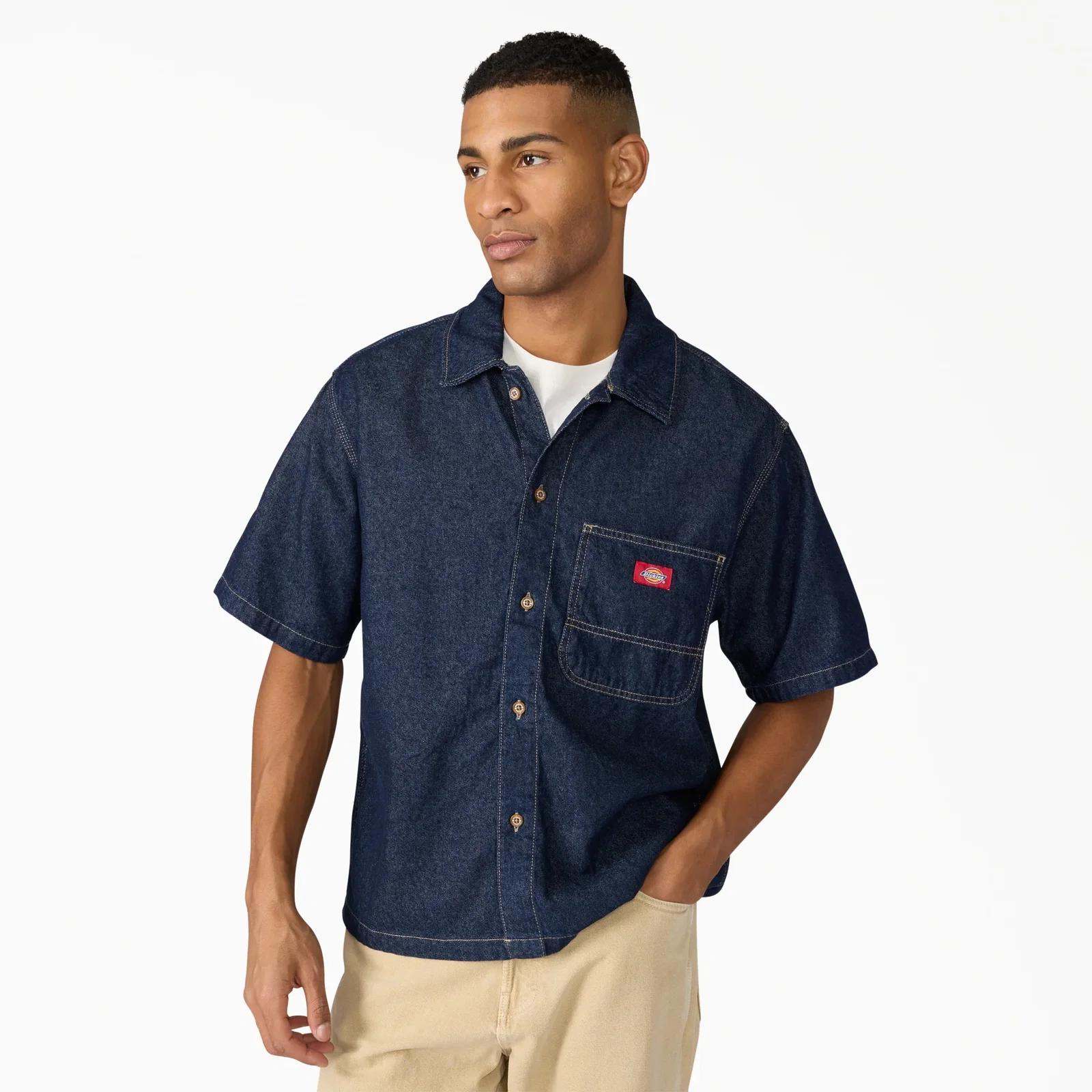 Image of Denim Short Sleeve Button-Up Shirt