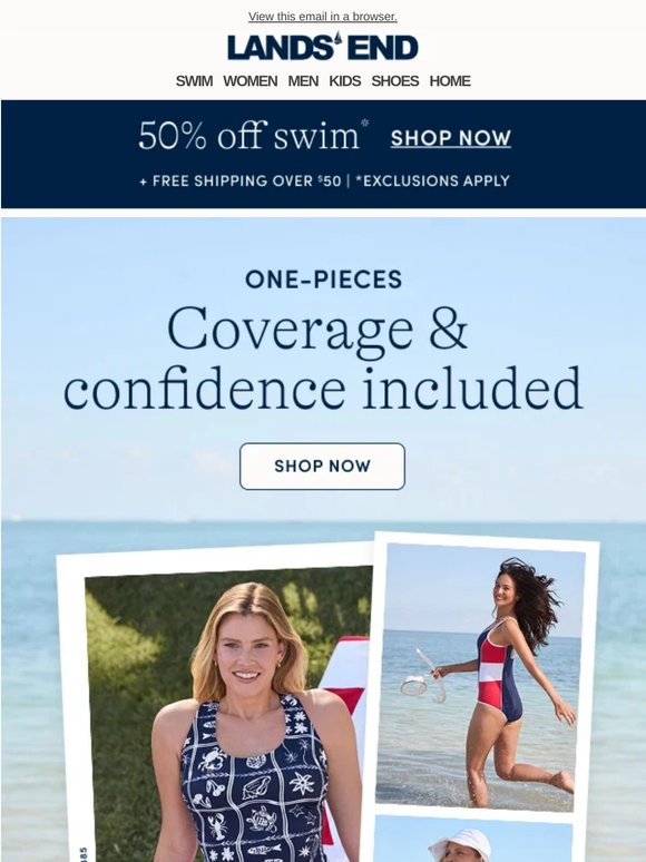 One-pieces with coverage & confidence included: 50% off