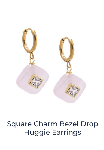 Square Charm Bezel Drop Huggie Earrings