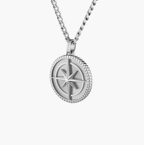 BOSS Men's North Silver Tone Medallion Pendant Necklace