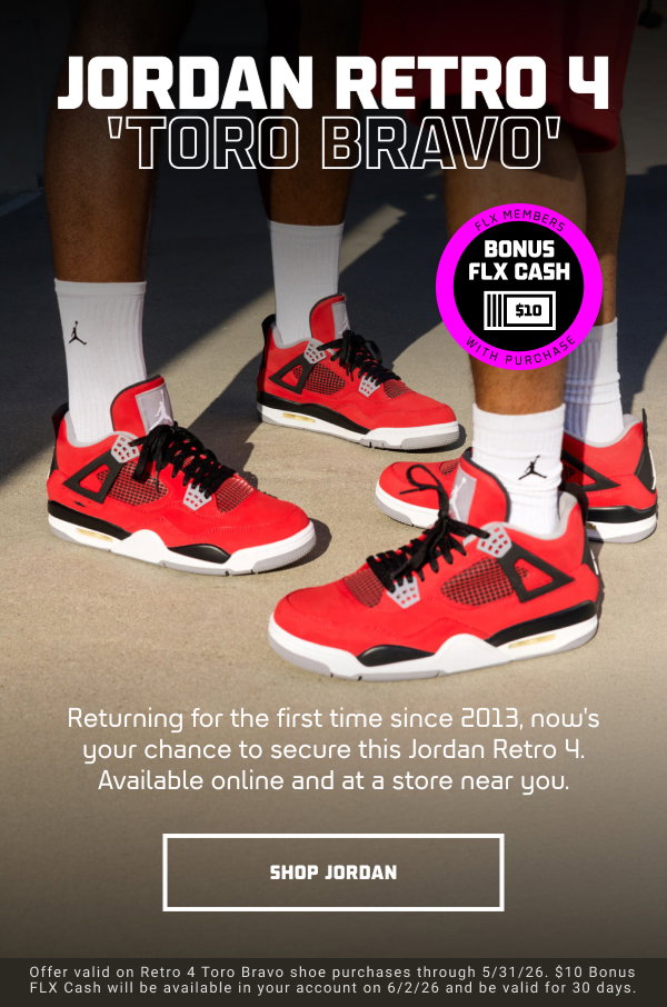 JORDAN RETRO 4 'TORO BRAVO' | Returning for the first time since 2013, now's your chance to secure this Jordan Retro 4. Available online and at a store near you. | SHOP JORDAN