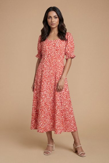 Sweetheart Neck Puff Sleeve Printed Midi Dress