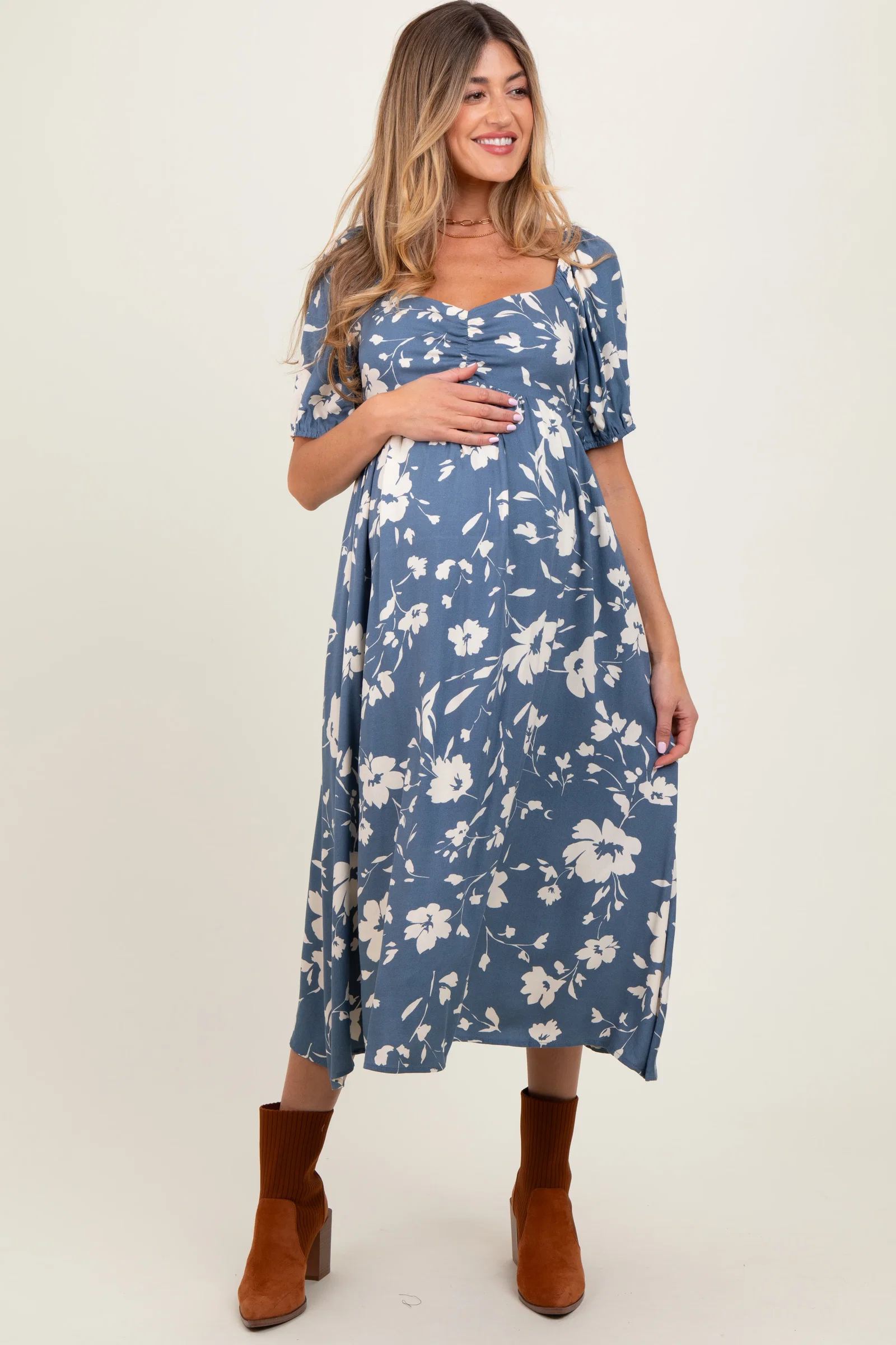 Image of Light Navy Floral Sweetheart Neckline Maternity Midi Dress