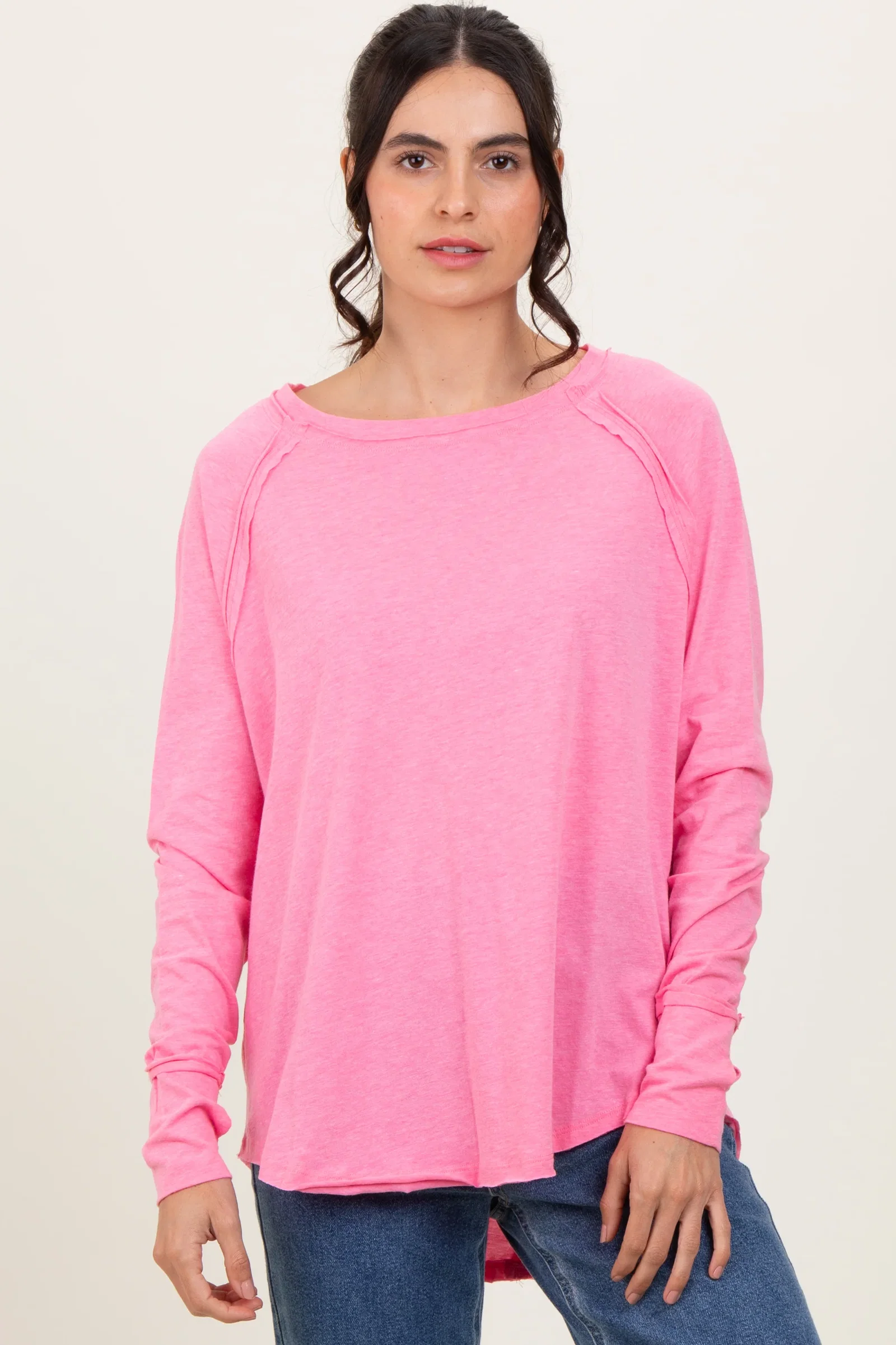 Image of Fuchsia Heather Exposed Seam Long Sleeve Top
