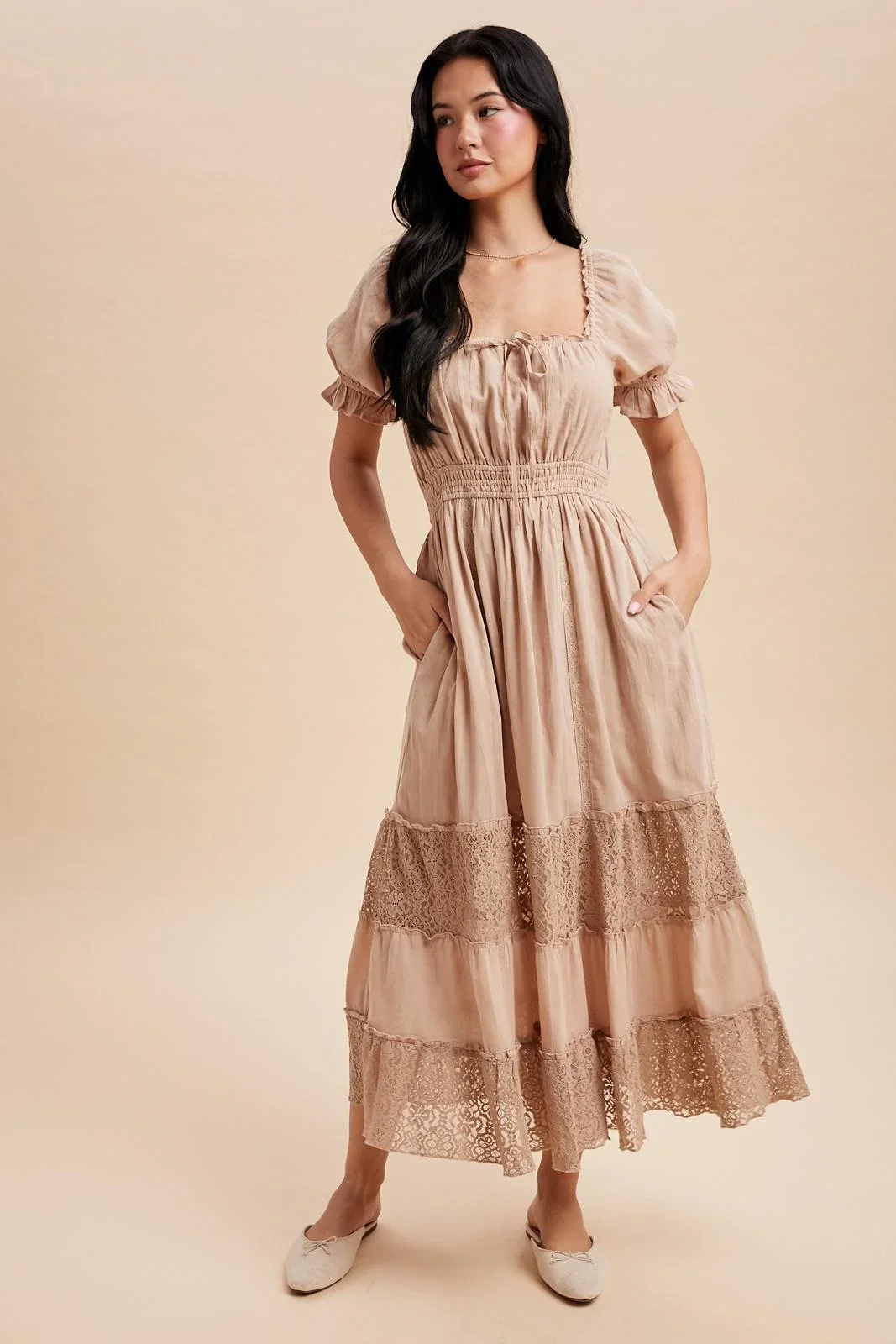 Image of Taupe Lace Contrast Paneled Maxi Dress